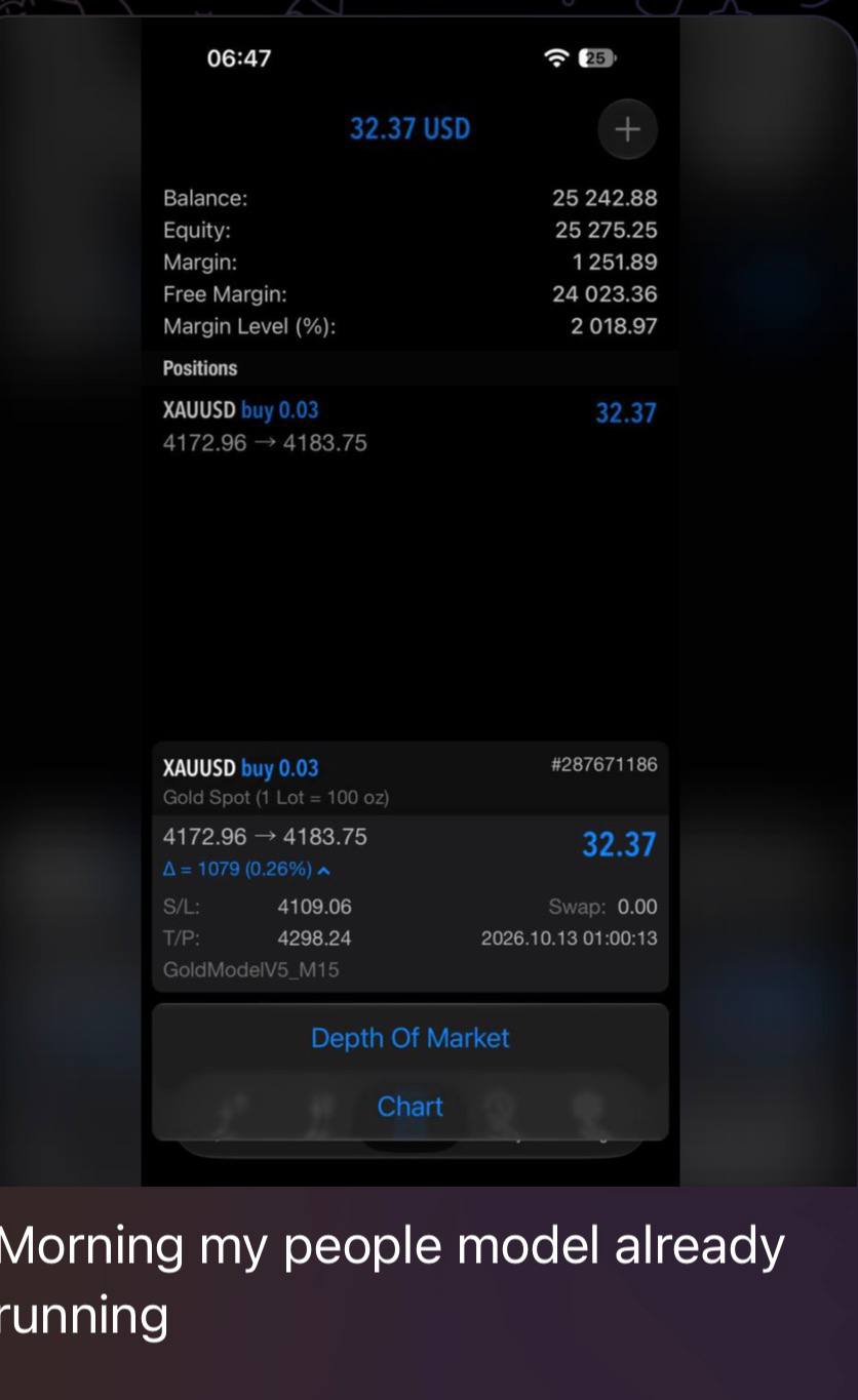 MT5 mobile showing an open XAUUSD buy position in profit