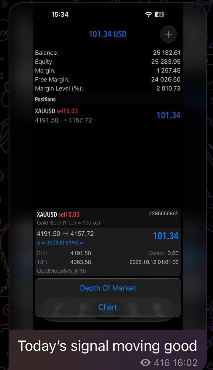 MT5 mobile showing an open XAUUSD sell position in profit
