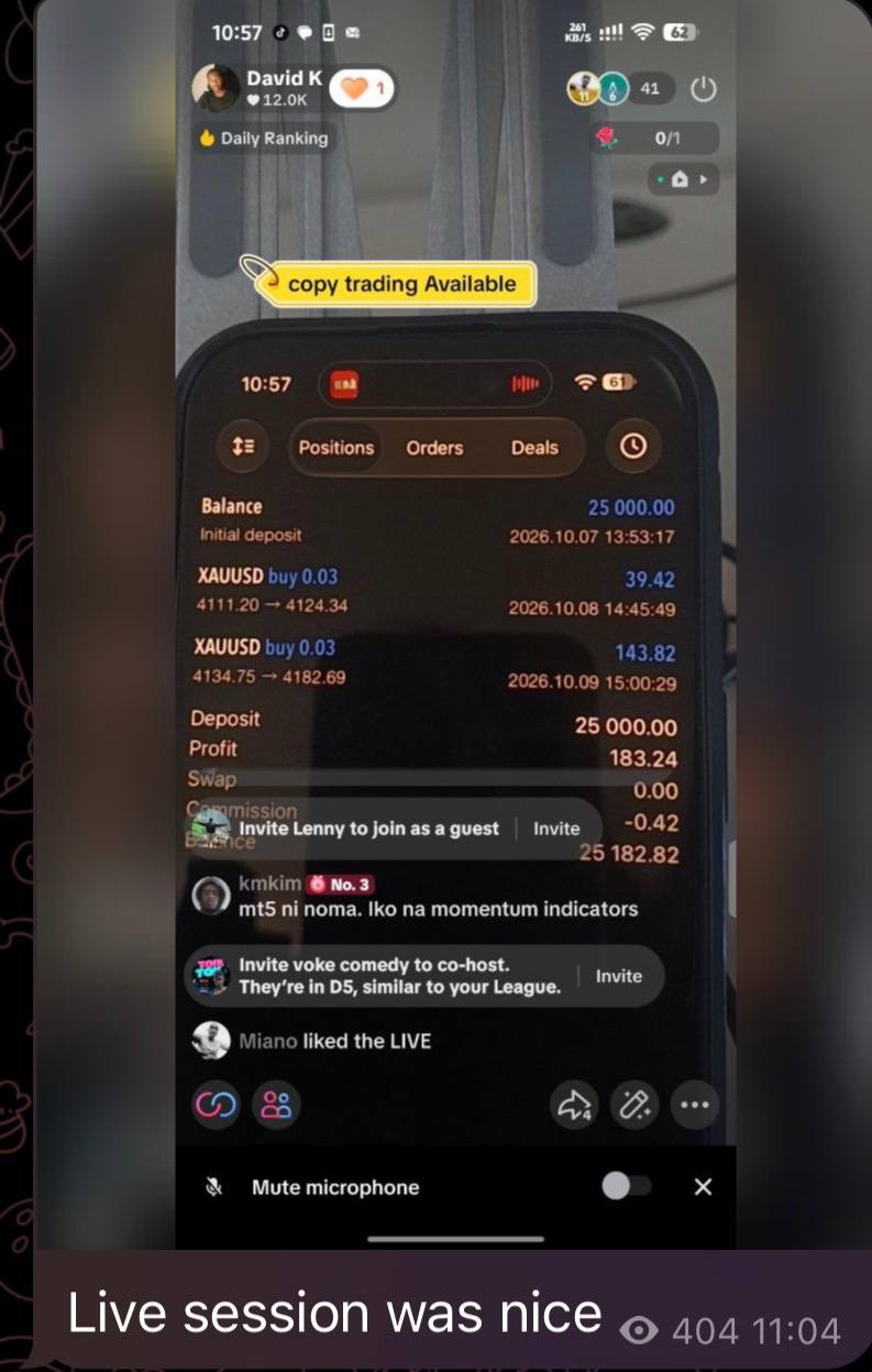 Live session showing the MT5 trade history on a phone